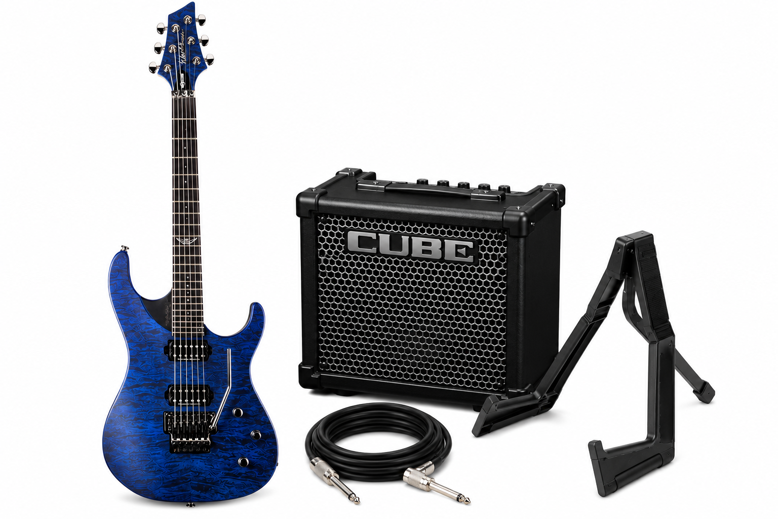 Washburn Parallaxe XM Series Electric Guitar Bundle | Roland CUBE-10GX Amp + Stand + Cable