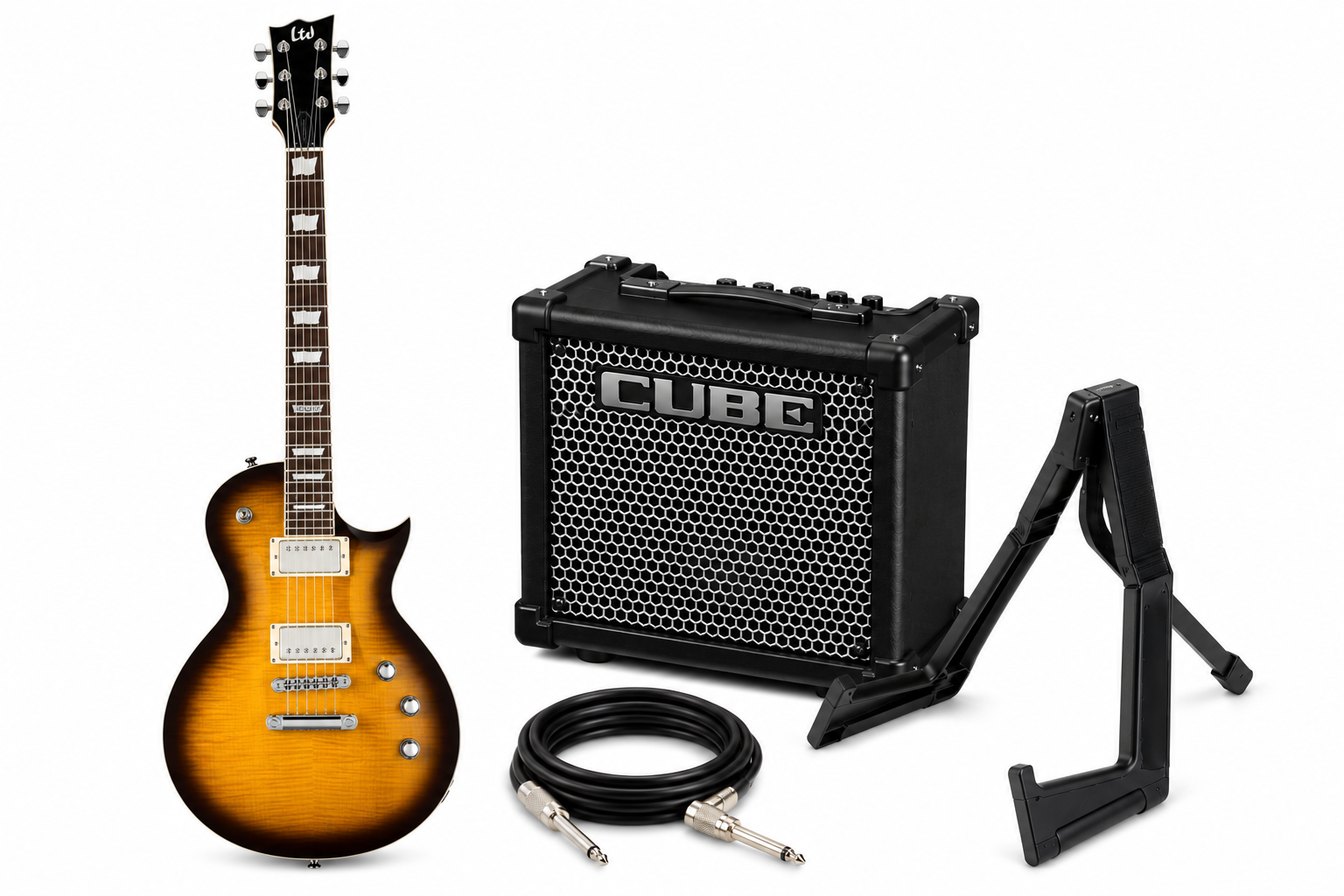 ESP LTD EC-401VF Electric Guitar Bundle | Roland CUBE-10GX Amp + Stand + Cable