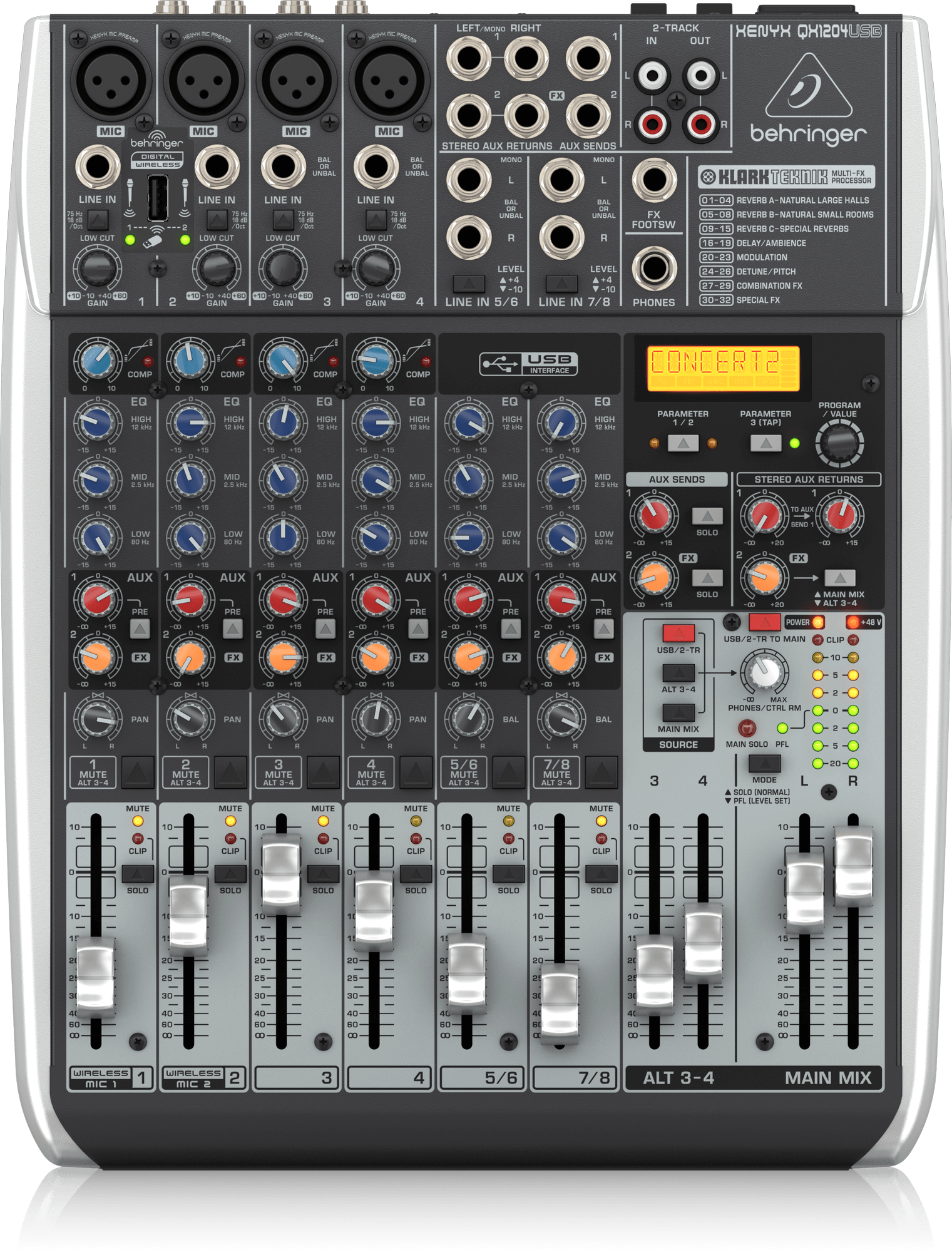 Behringer Xenyx QX1204USB Premium 12-Input 2/2-Bus Mixer with XENYX Mic Preamps and Compressors, Klark Teknik Multi-FX Processor, Wireless Option and USB/Audio Interface