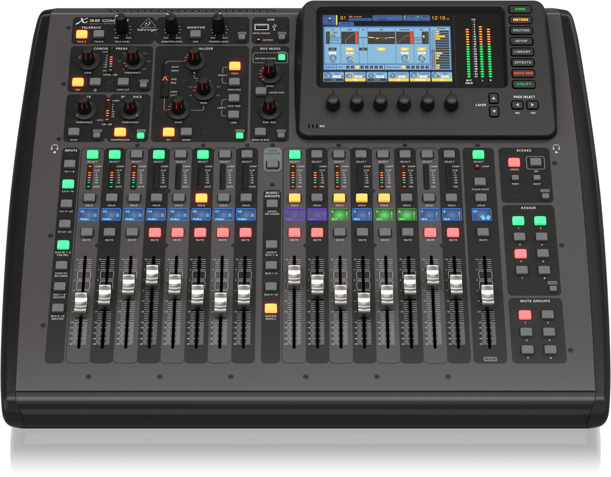 Behringer X32 COMPACT Compact 40-Input, 25-Bus Digital Mixing Console with 16 Programmable Midas Preamps, 17 Motorized Faders,-Channel LCD's, 32-Channel Audio Interface and iPad/iPhone Remote Control