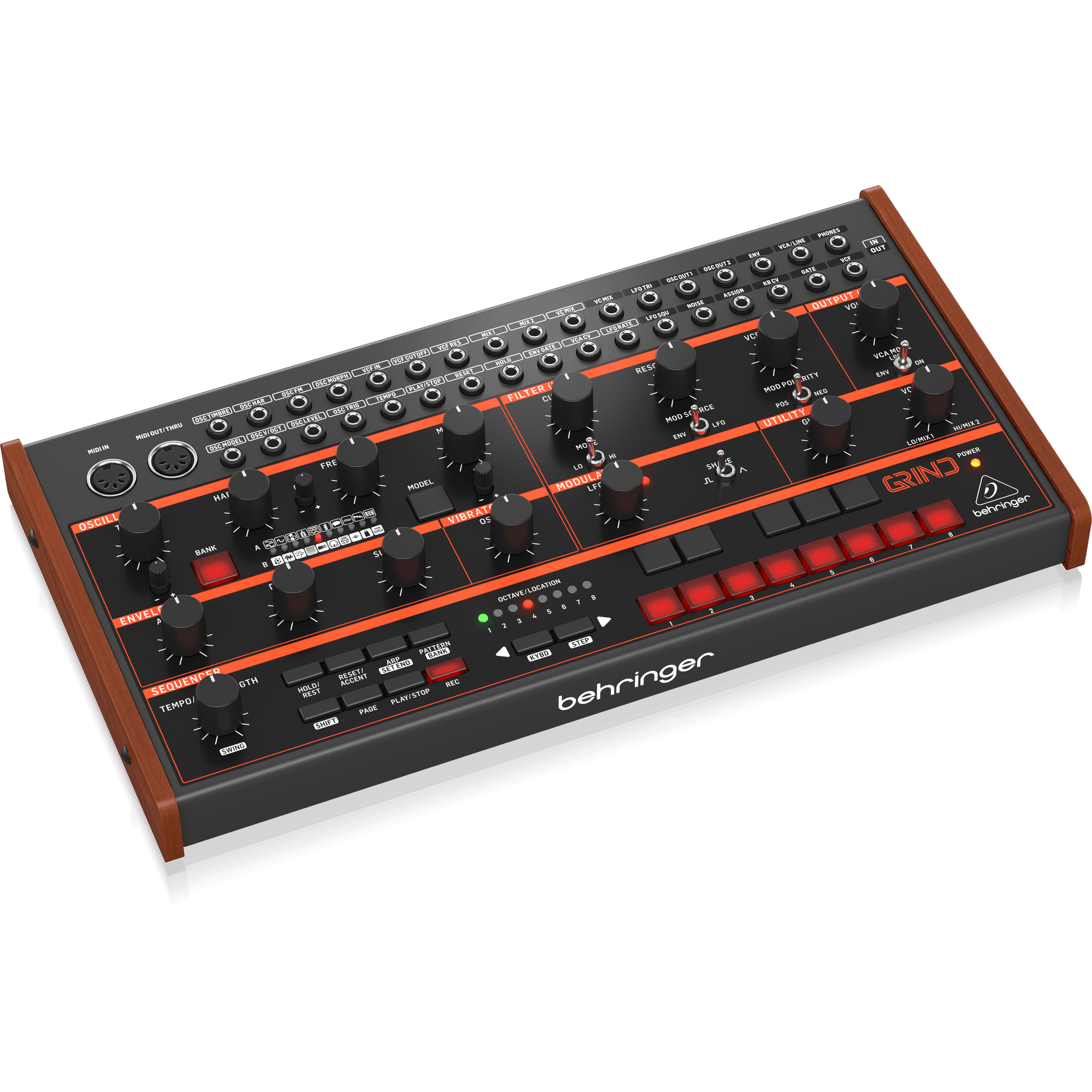 Behringer GRIND Hybrid Semi-Modular Synthesizer with 24 Digital Sound Engines, Analog Ladder Filter, 32-Step Sequencer and 16-Voice Poly Chain