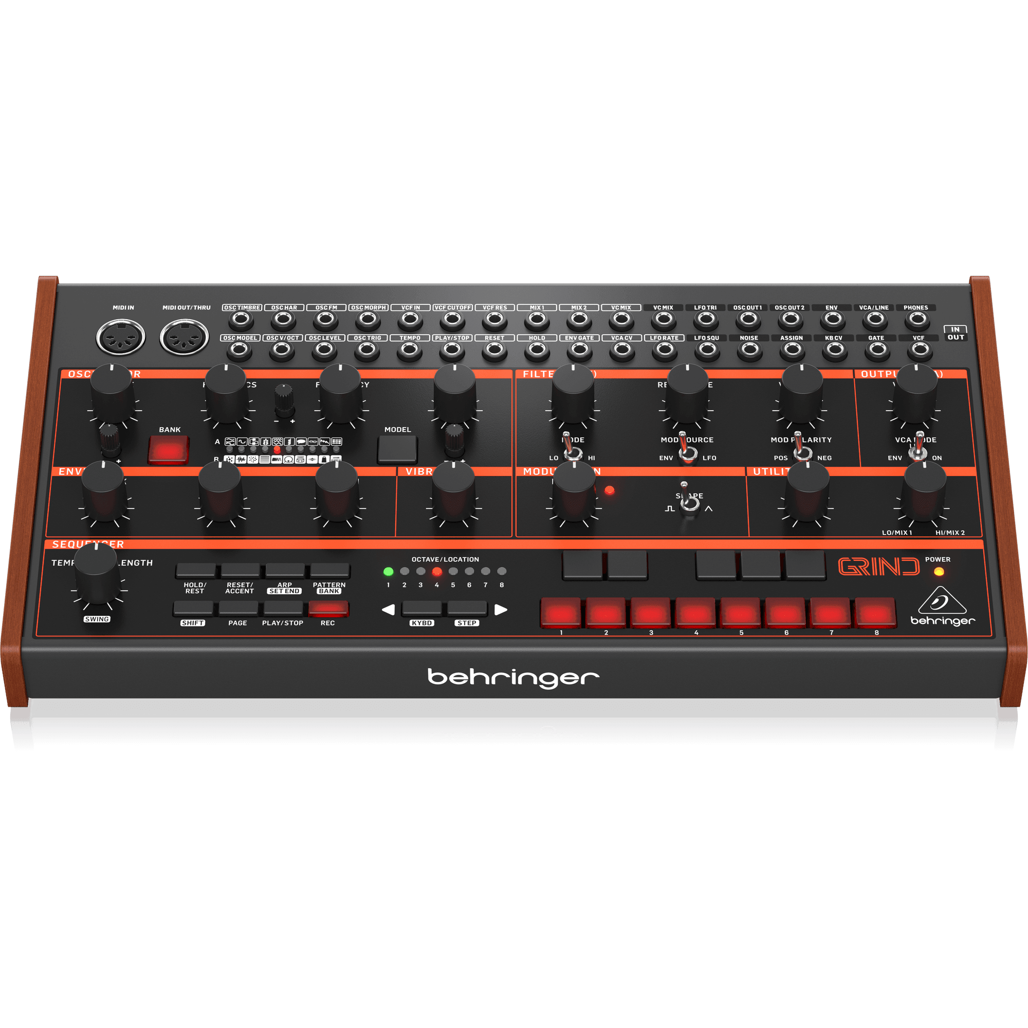 Behringer GRIND Hybrid Semi-Modular Synthesizer with 24 Digital Sound Engines, Analog Ladder Filter, 32-Step Sequencer and 16-Voice Poly Chain