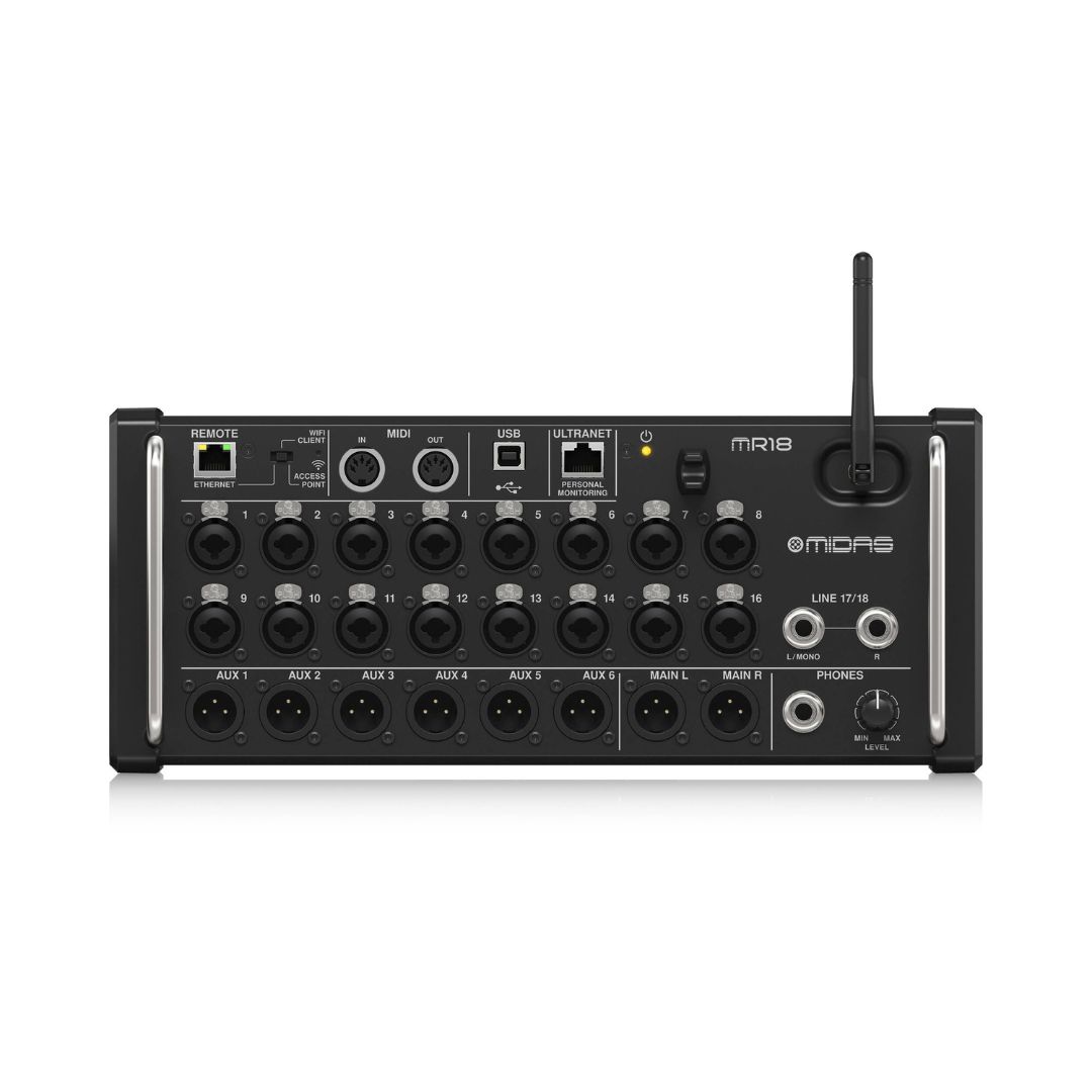 Midas MR18 18-Input Digital Mixer for iPad/Android Tablets with 16 Midas PRO Preamps, Integrated WiFi Module and Multi-Channel USB Audio Interface