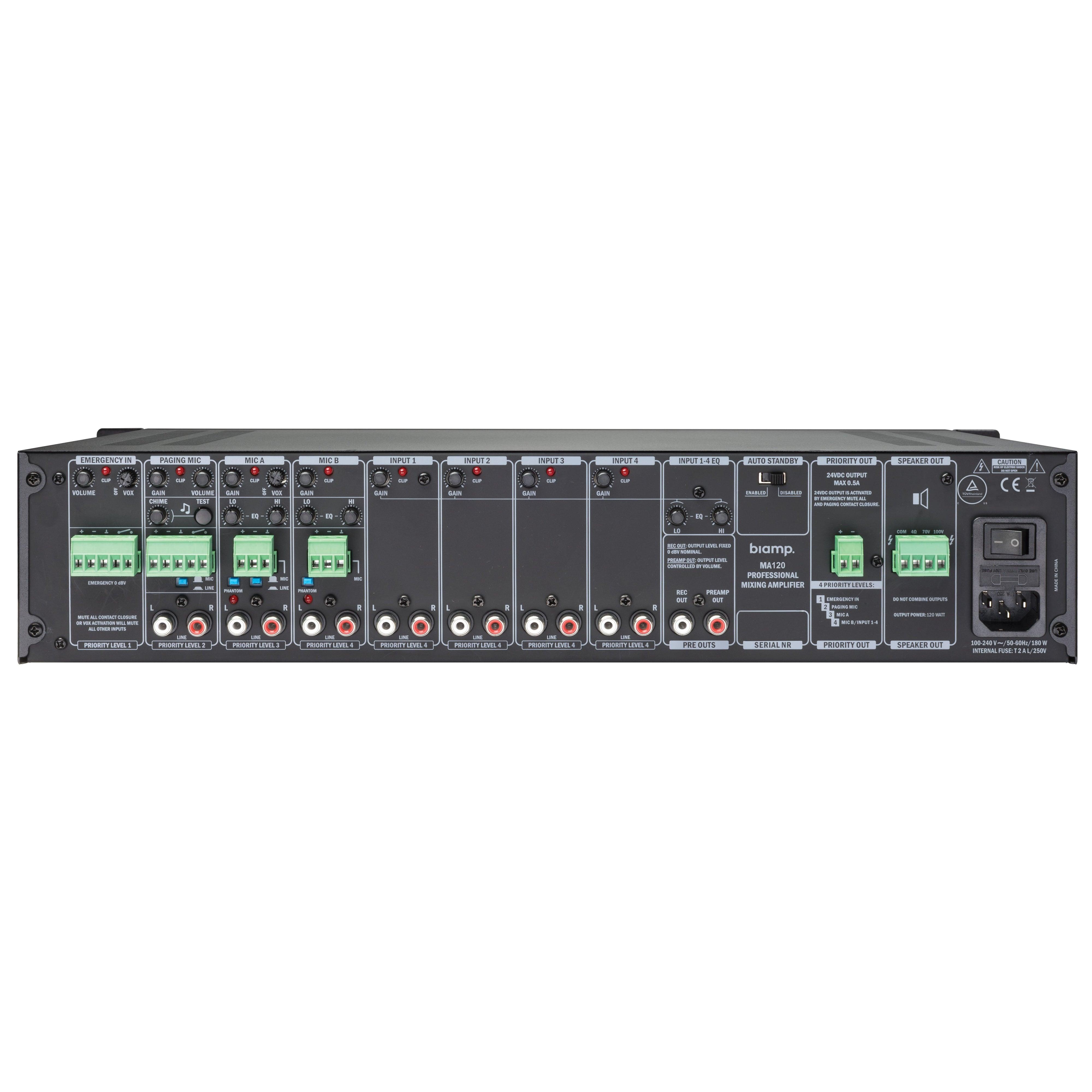 Biamp MA120 Mixer Amplifier 19" 2 Mic/line Input, 4 Stereo Line Inputs, Paging Mic with Chime - MusicMajlis