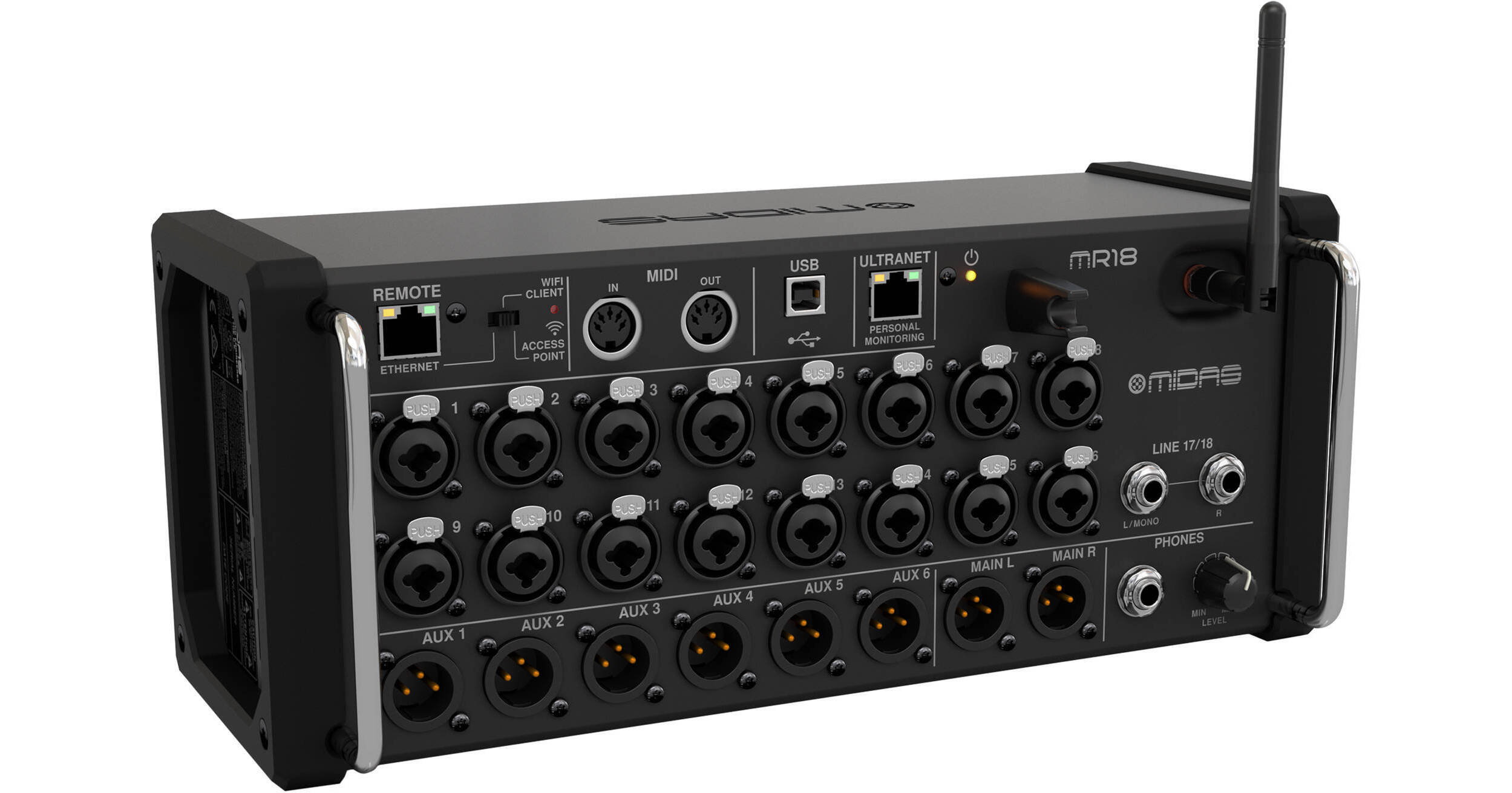 Midas MR18 18-Input Digital Mixer for iPad/Android Tablets with 16 Midas PRO Preamps, Integrated WiFi Module and Multi-Channel USB Audio Interface