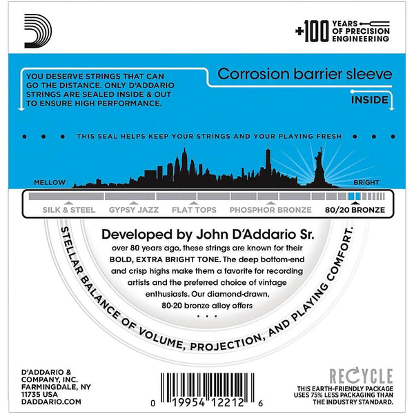 D'Addario EJ11 80/20 Bronze Acoustic Guitar Strings, Light, 12-53 - MusicMajlis