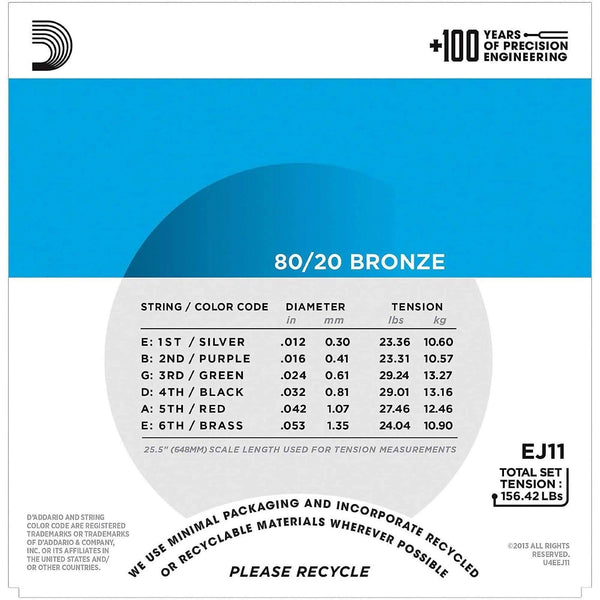 D'Addario EJ11 80/20 Bronze Acoustic Guitar Strings, Light, 12-53 - MusicMajlis