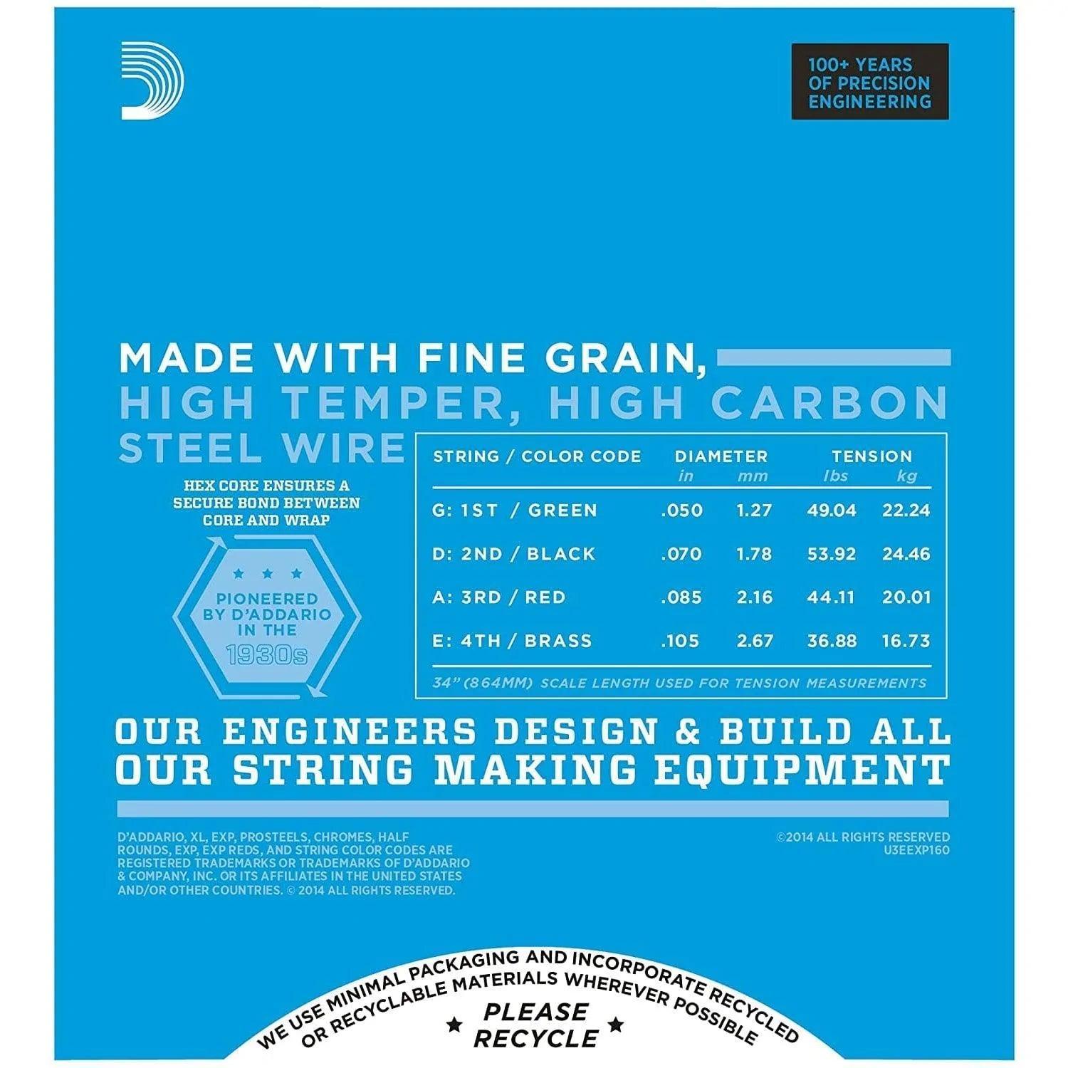 D'Addario EXP160 Set of 4 String Bass Coated Nickel 50 - 105 Gauge Long Scale - MusicMajlis