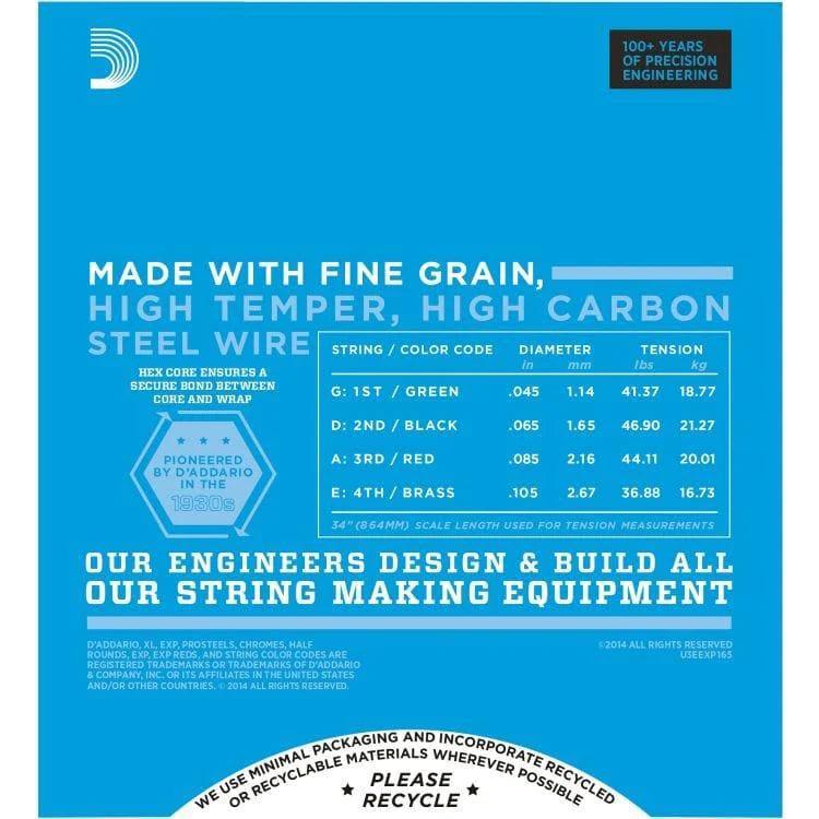 D'Addario EXP165 Set of 4 String Bass Coated Nickel 45 - 105 Gauge Long Scale - MusicMajlis