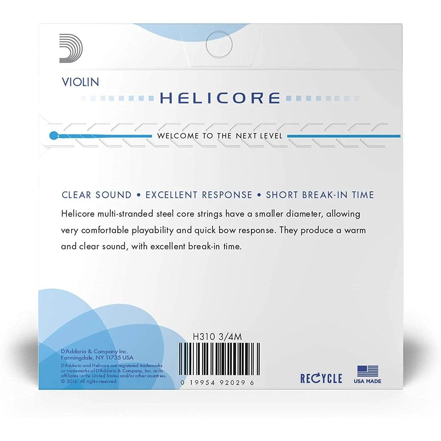 D'Addario H310 3/4M Helicore Violin String Set 3/4 Scale, Medium Tension - MusicMajlis