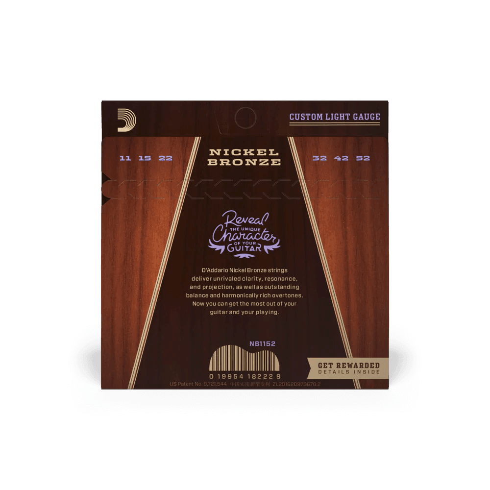 D'Addario NB1152 Acoustic Guitar String Set, Nickel Bronze 0.11 - 0.52 Custom Light Gauge - MusicMajlis