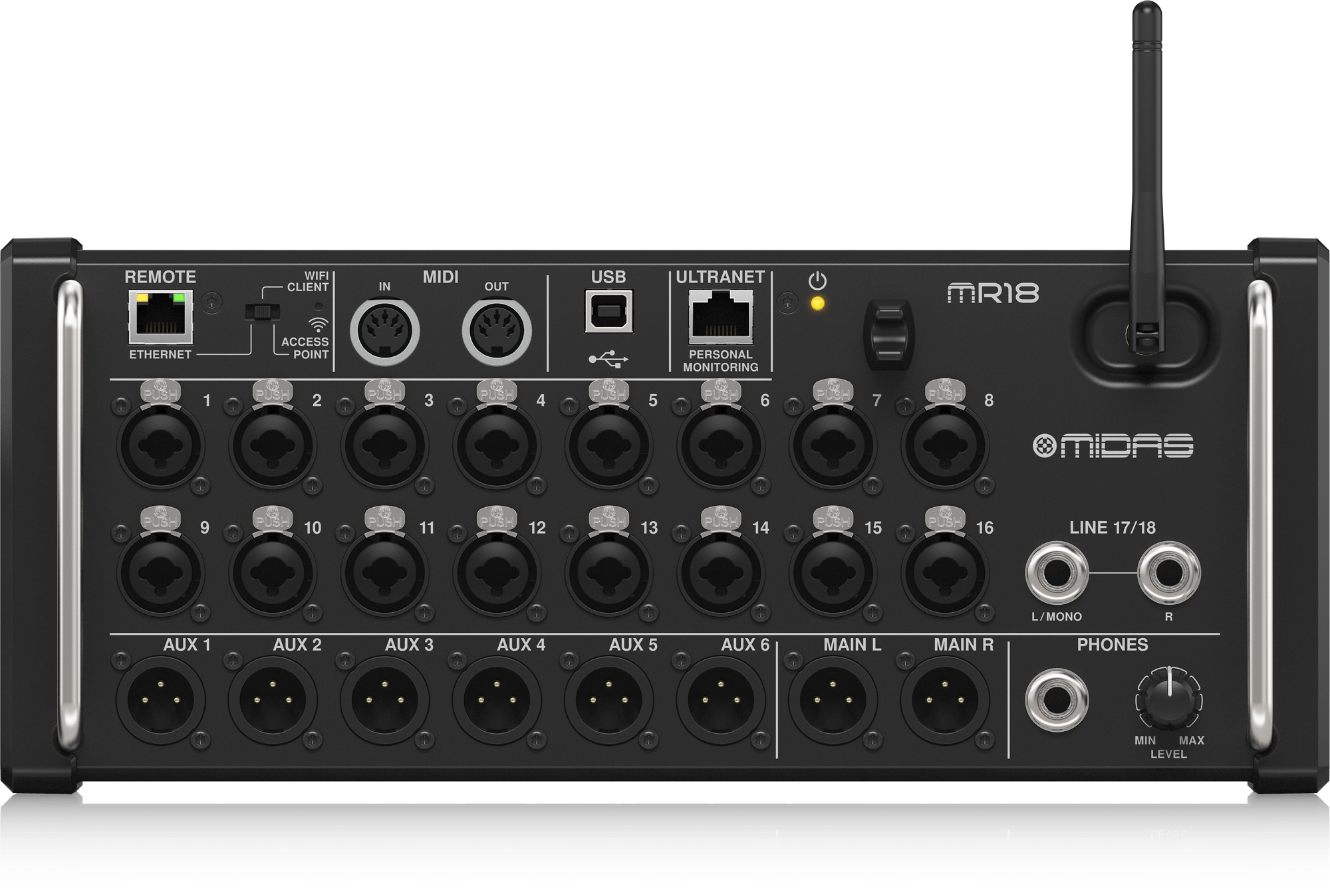 Midas MR18 18-Input Digital Mixer for iPad/Android Tablets with 16 Midas PRO Preamps, Integrated WiFi Module and Multi-Channel USB Audio Interface