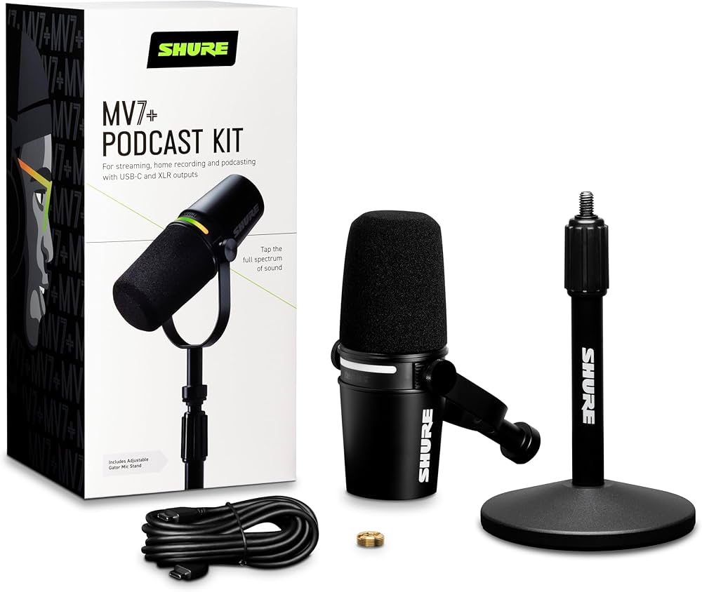 Shure MV7+ Hybrid Podcast Microphone and Stand - Black