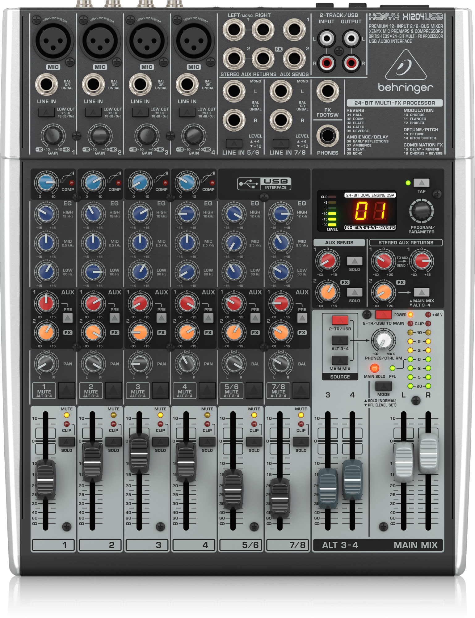 Behringer Xenyx X1204USB Premium 12-Input 2/2-Bus Mixer with XENYX Mic Preamps and Compressors, British EQ, 24-Bit Multi-FX Processor and USB/Audio Interface