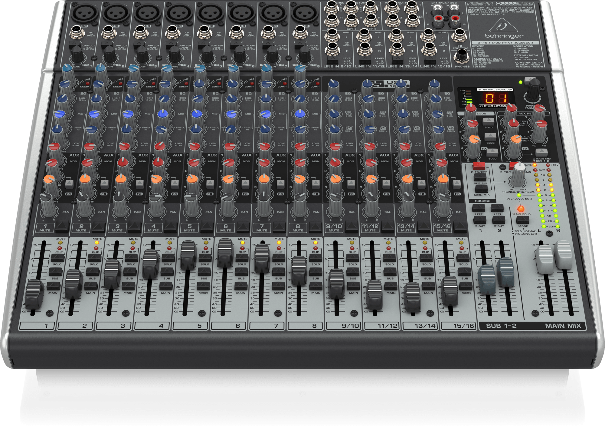 Behringer Xenyx X2222USB Premium 22-Input 2/2-Bus Mixer with XENYX Mic Preamps and Compressors, British EQ, 24-Bit Multi-FX Processor and USB/Audio Interface