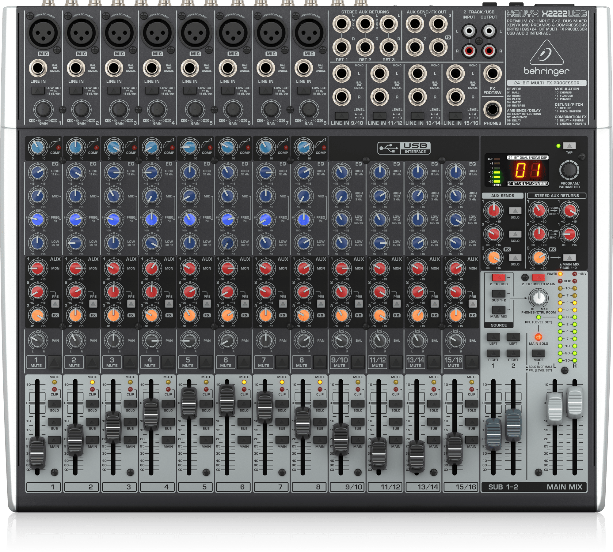 Behringer Xenyx X2222USB Premium 22-Input 2/2-Bus Mixer with XENYX Mic Preamps and Compressors, British EQ, 24-Bit Multi-FX Processor and USB/Audio Interface