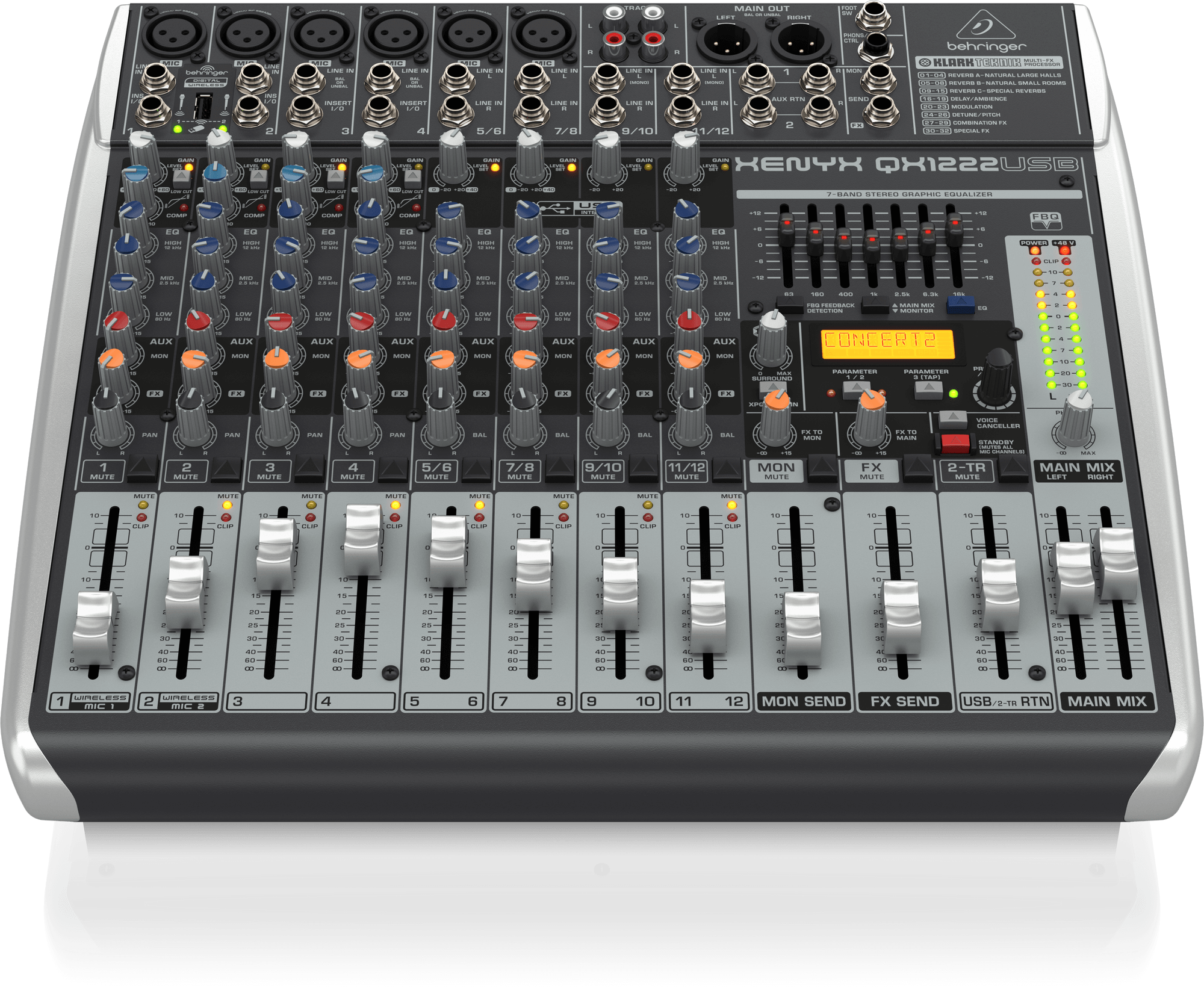 Behringer Xenyx QX1222USB Premium 16-Input 2/2-Bus Mixer with XENYX Mic Preamps and Compressors, Klark Teknik Multi-FX Processor, Wireless Option and USB/Audio Interface