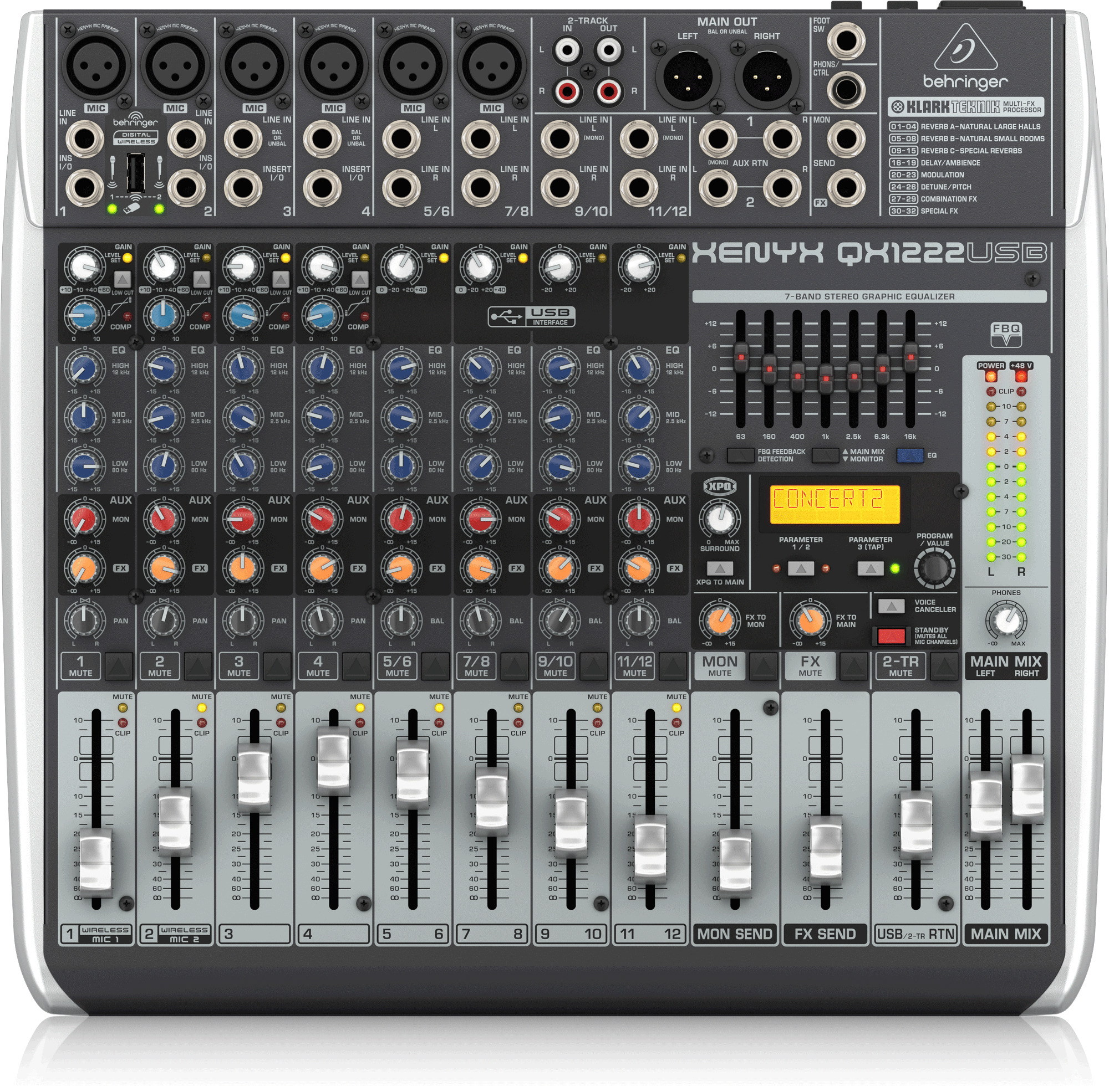 Behringer Xenyx QX1222USB Premium 16-Input 2/2-Bus Mixer with XENYX Mic Preamps and Compressors, Klark Teknik Multi-FX Processor, Wireless Option and USB/Audio Interface