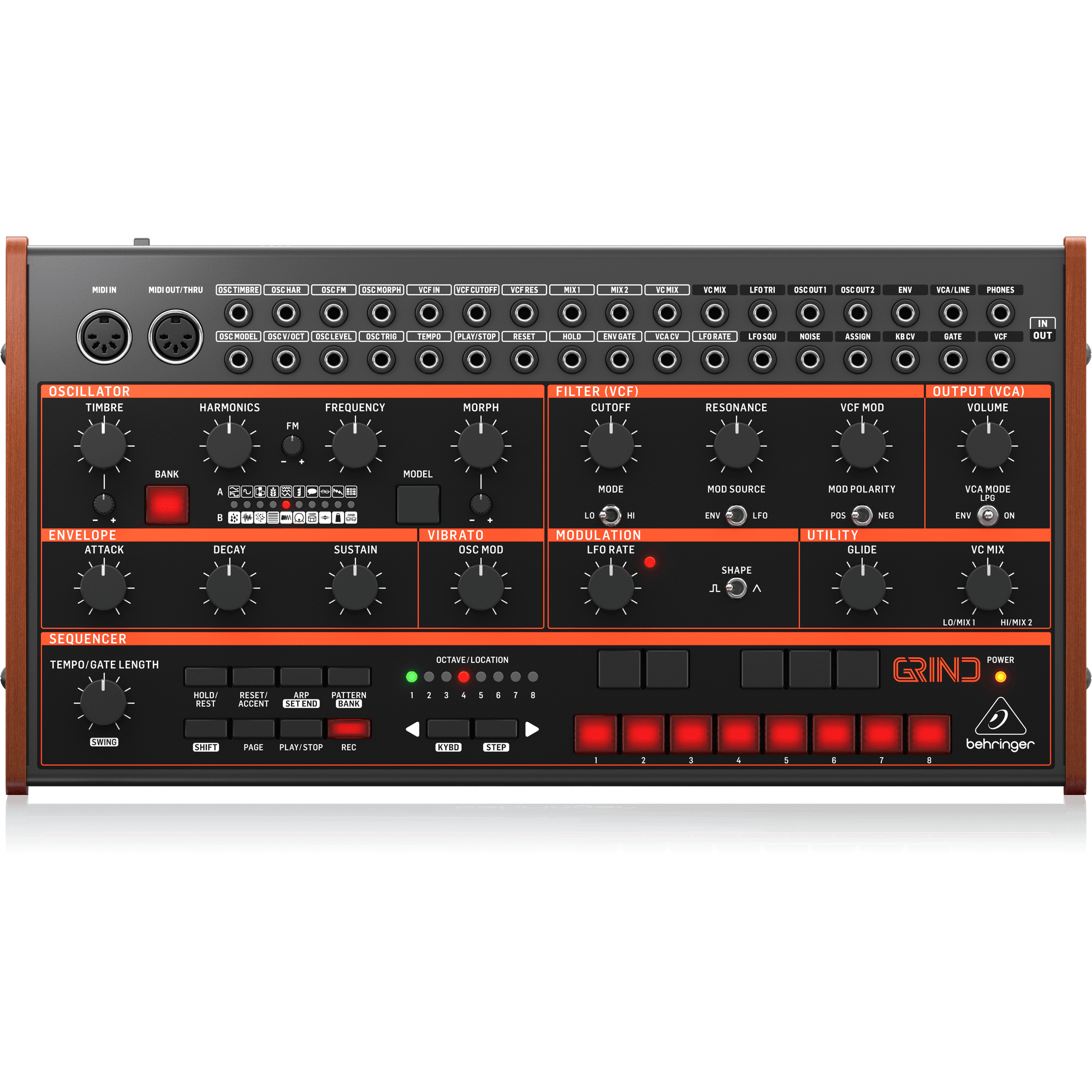 Behringer GRIND Hybrid Semi-Modular Synthesizer with 24 Digital Sound Engines, Analog Ladder Filter, 32-Step Sequencer and 16-Voice Poly Chain