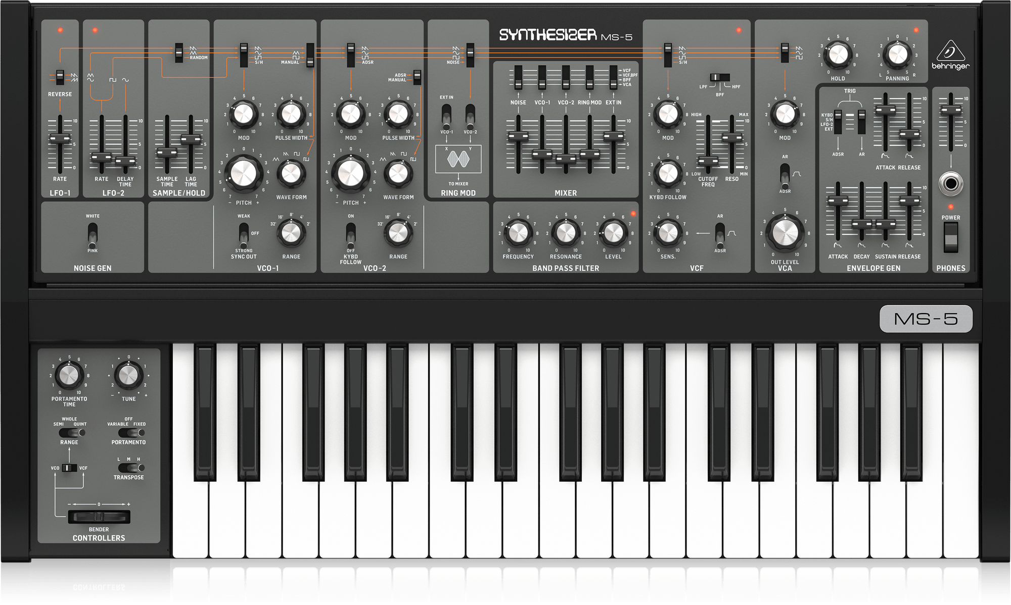 Behringer MS5-BEH Analog Synthesizer with 37 Full-Size Keys, 2 VCOs, Multi-Mode VCF, VCA, 2 LFOs, 2 Envelopes and Ring Modulator