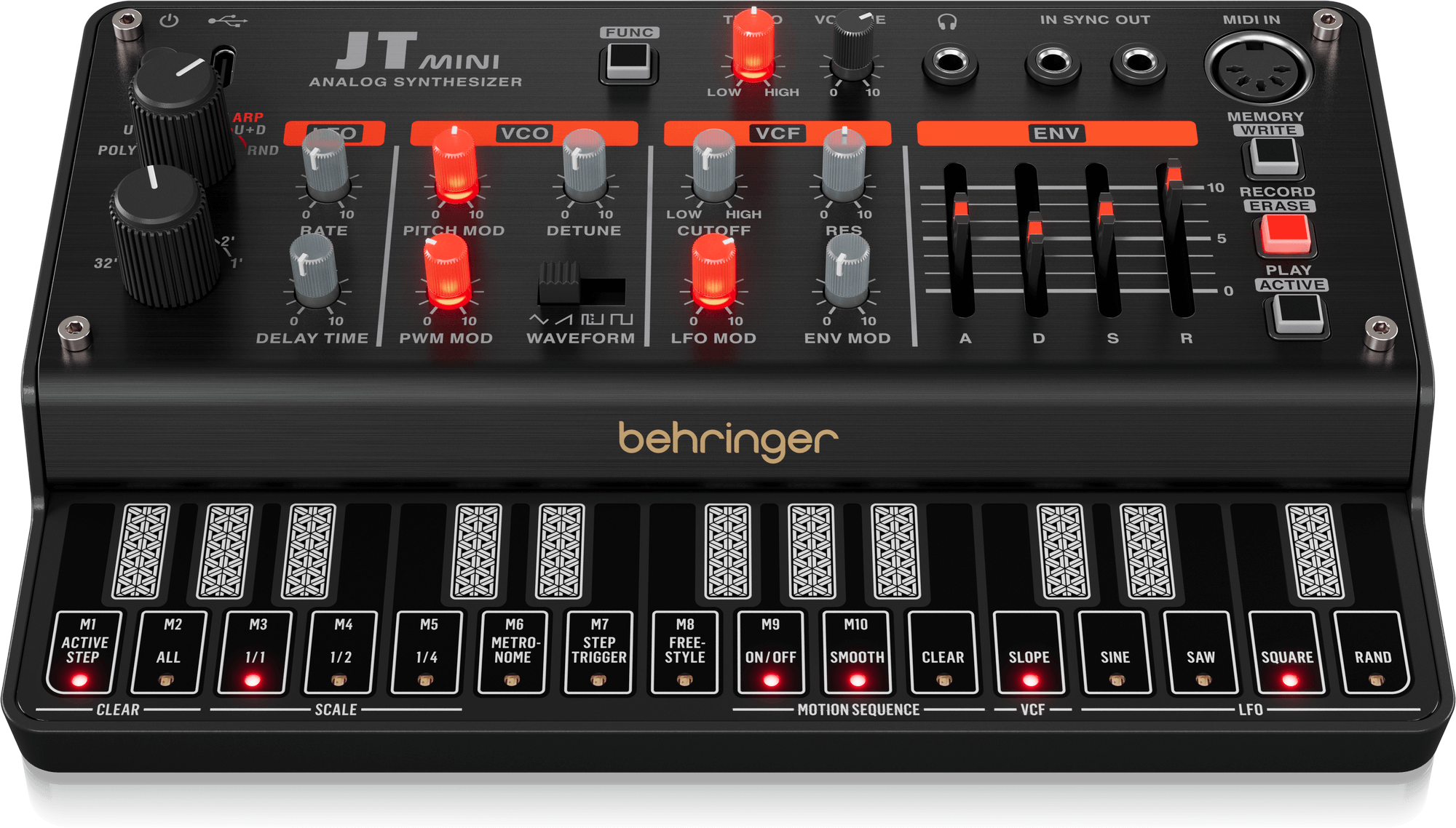 Behringer JTMINI Analog Polyphonic Synthesizer with 3 VCOs, Multi-Mode VCF, Arpeggiator and 16-Step Motion Sequencer