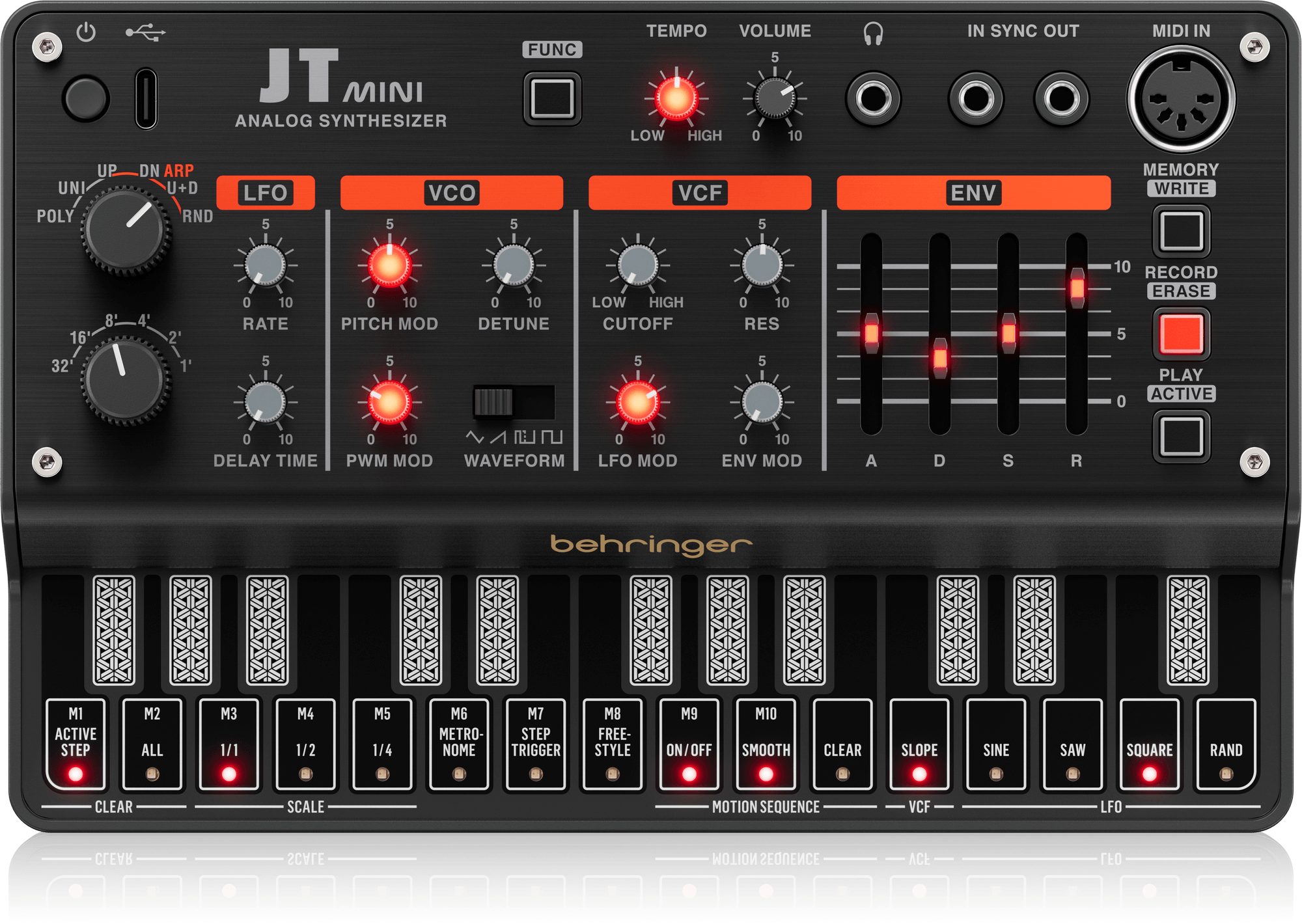 Behringer JTMINI Analog Polyphonic Synthesizer with 3 VCOs, Multi-Mode VCF, Arpeggiator and 16-Step Motion Sequencer