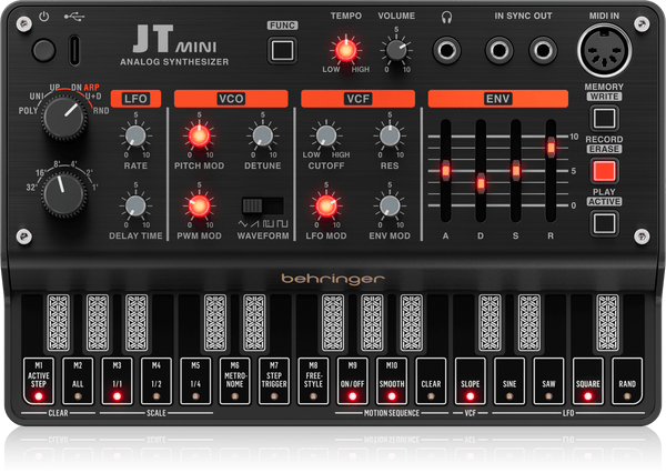 Behringer JTMINI Analog Polyphonic Synthesizer with 3 VCOs, Multi-Mode VCF, Arpeggiator and 16-Step Motion Sequencer