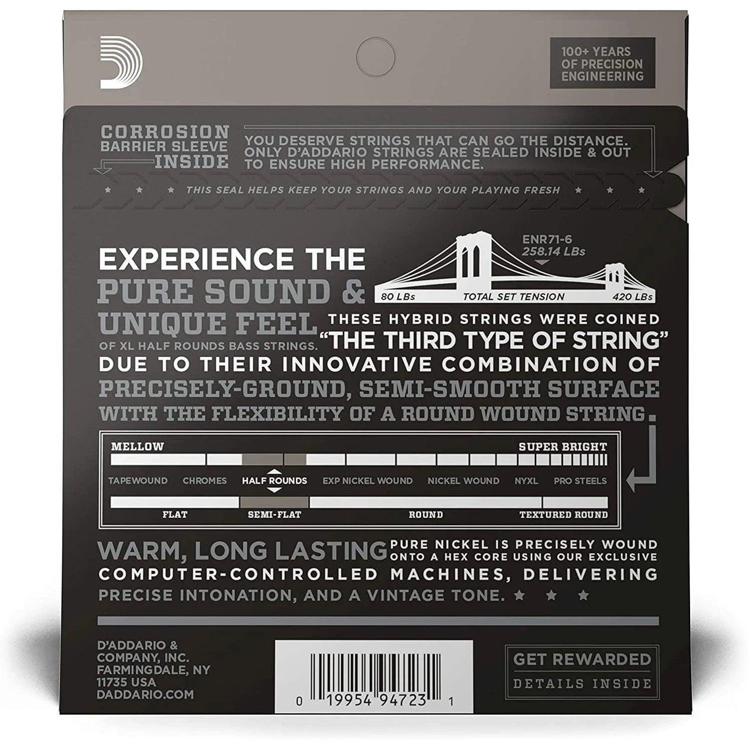 D'Addario ENR71-6 Set of 6 String Bass Half Rounds Semi Flatwound 30 - 130 Gauge Long Scale - MusicMajlis