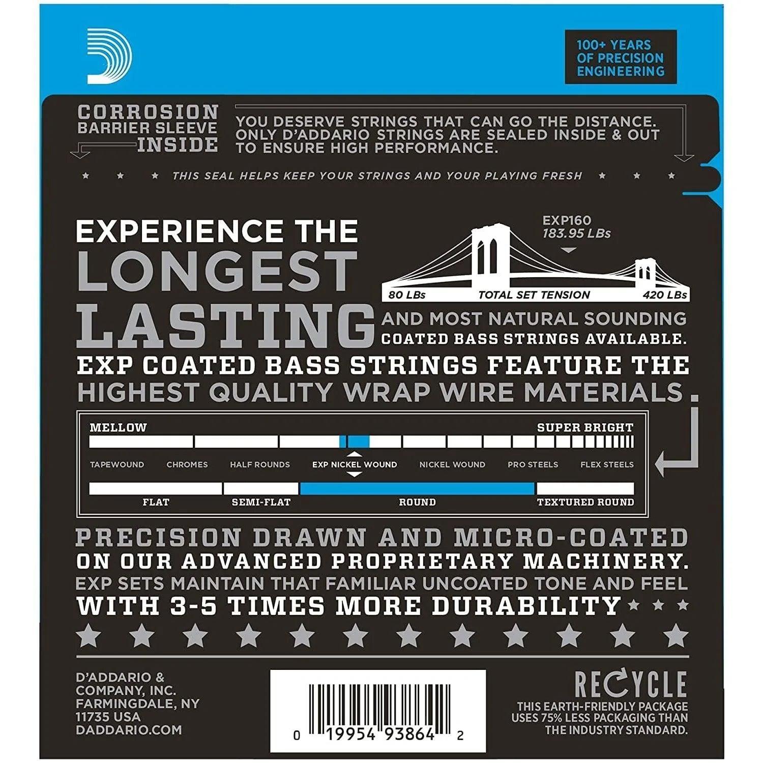 D'Addario EXP160 Set of 4 String Bass Coated Nickel 50 - 105 Gauge Long Scale - MusicMajlis