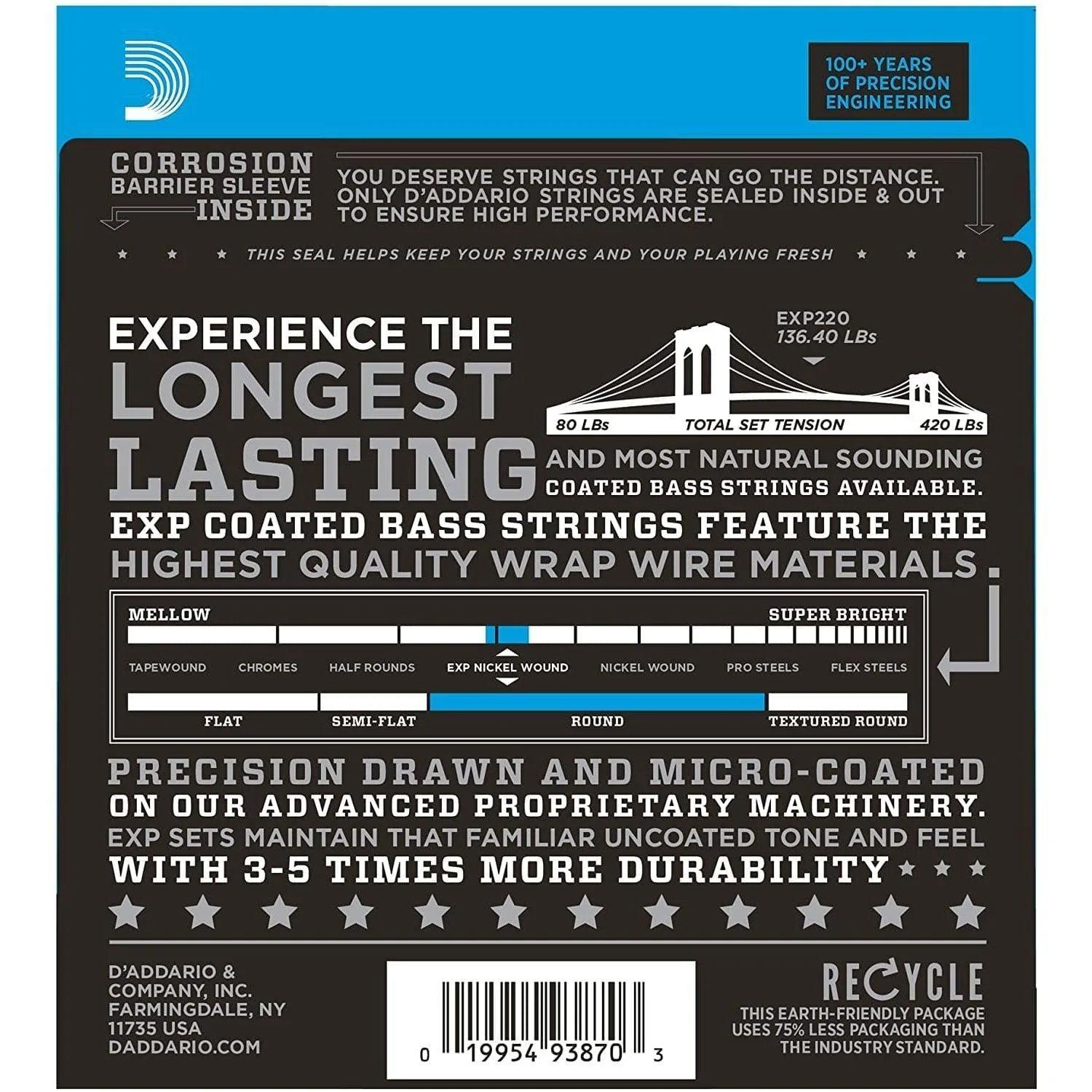 D'Addario EXP220 Set of 4 String Bass Coated Nickel 40 - 95 Gauge Long Scale - MusicMajlis